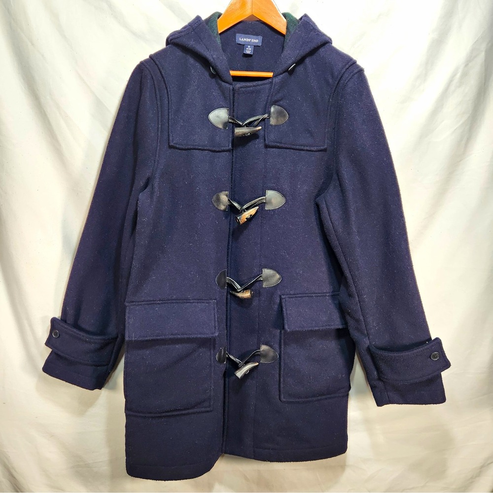 Lands' End Mens Blue Hooded Duffle Coat Pockets Toggle Closure Size S 34-36